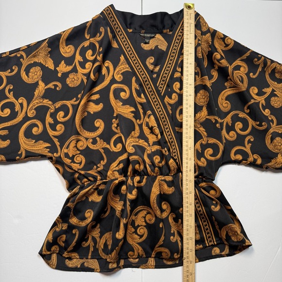 Guess Kimono Blouse Womens Medium Black Gold Baroque Floral Elastic Waist Top - Picture 4 of 5